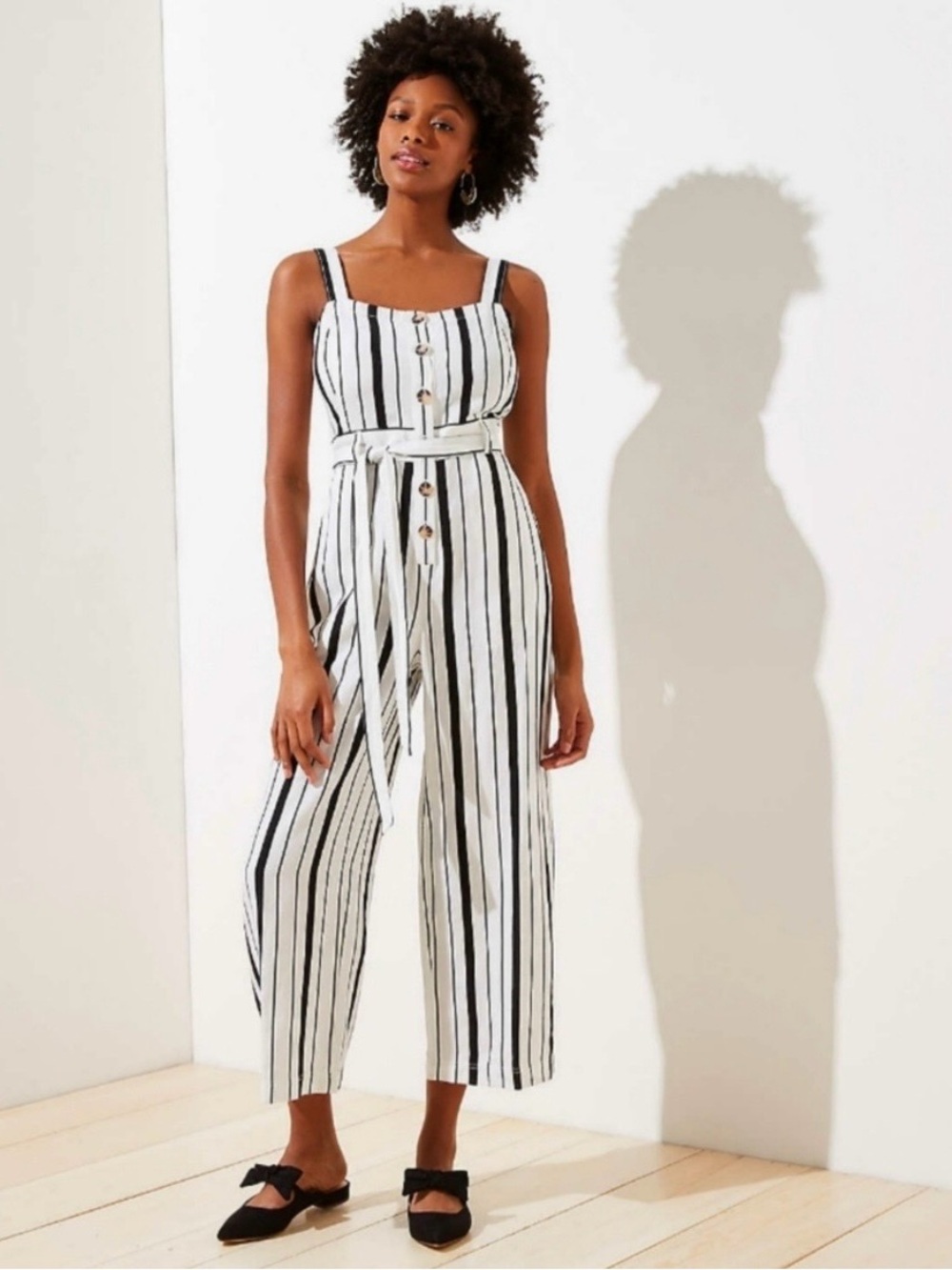 NWT LOFT Ann Taylor Striped White & Black Button-Front Jumpsuit with Waist Tie